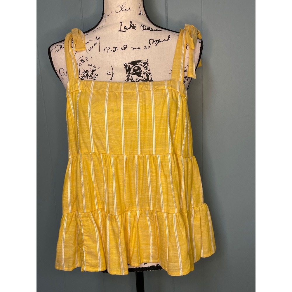 True Craft Yellow White Stripe Tiered Tank Top Tie‎ Shoulders Small